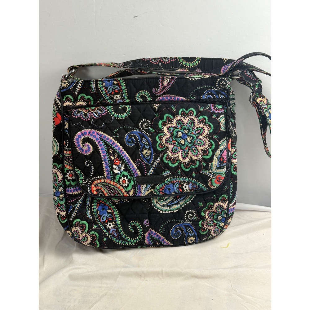Vera Bradley Go Wild Paisley Quilted Cotton Crossbody Messenger Bag Black Multi